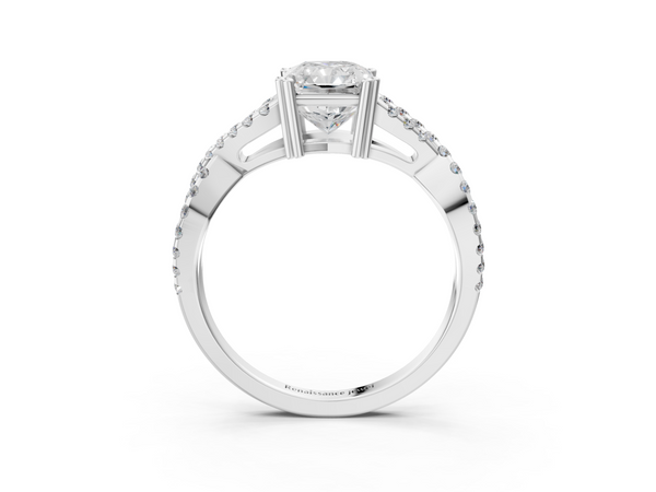 White gold Radiant Cut Diamond Solitaire Ring with Four-Prong Setting and Twisted Pavé Band
