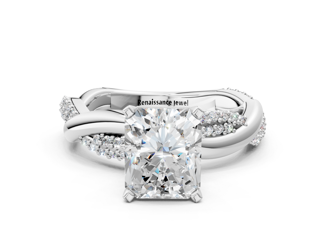 White gold Radiant Solitaire Twist Band with Pave Prong Setting_81