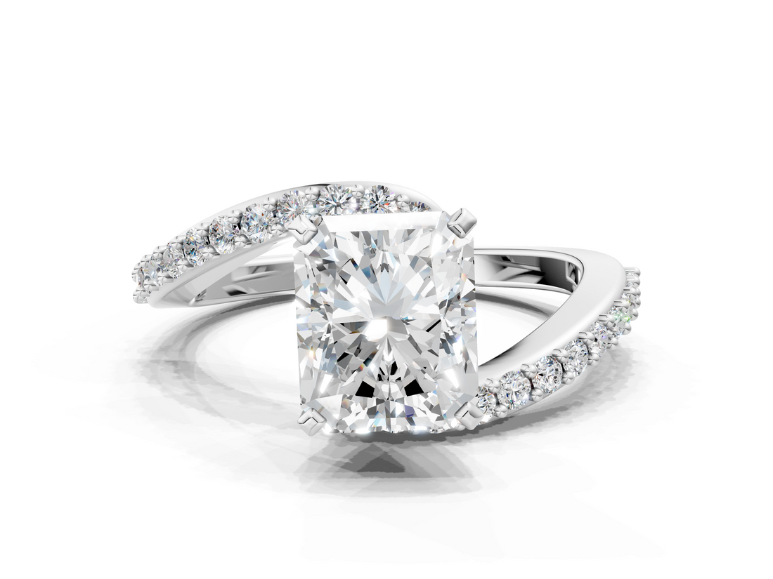 White gold Radiant Solitaire Twist Band with Pave Set Diamonds and Four-Prong Setting_156