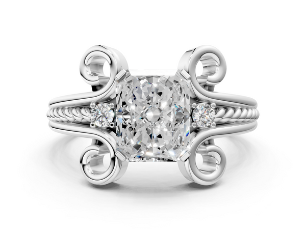 White gold Radiant Solitaire Twisted Band Scroll Prong Ring
