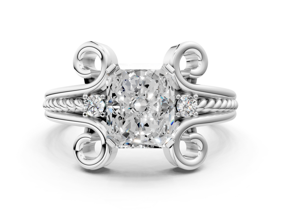 White gold Radiant Solitaire Twisted Band Scroll Prong Ring