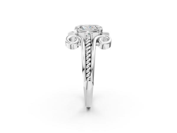 White gold Radiant Solitaire Twisted Band Scroll Prong Ring