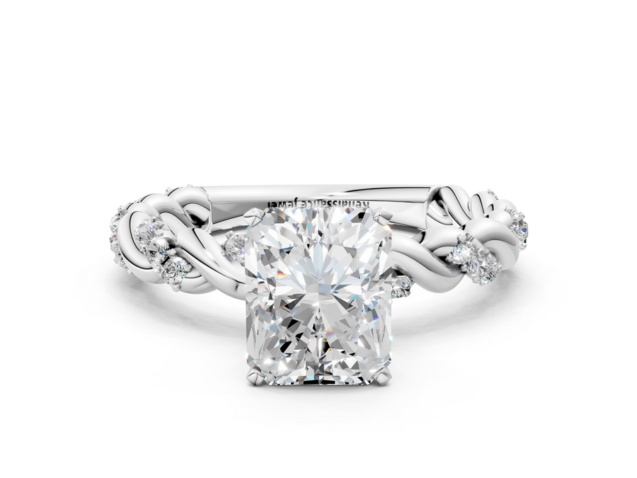 White gold Radiant Cut Diamond Solitaire Ring with Twisted Band and Pavé Accents
