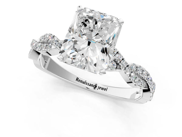 White gold Radiant Solitaire Twisted Pave Band with Four-Prong Setting