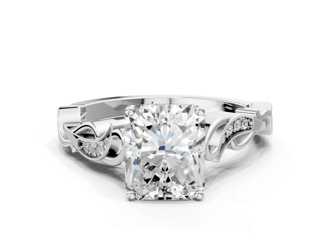 White gold Radiant Solitaire Vine Band with Milgrain Prong Setting_24