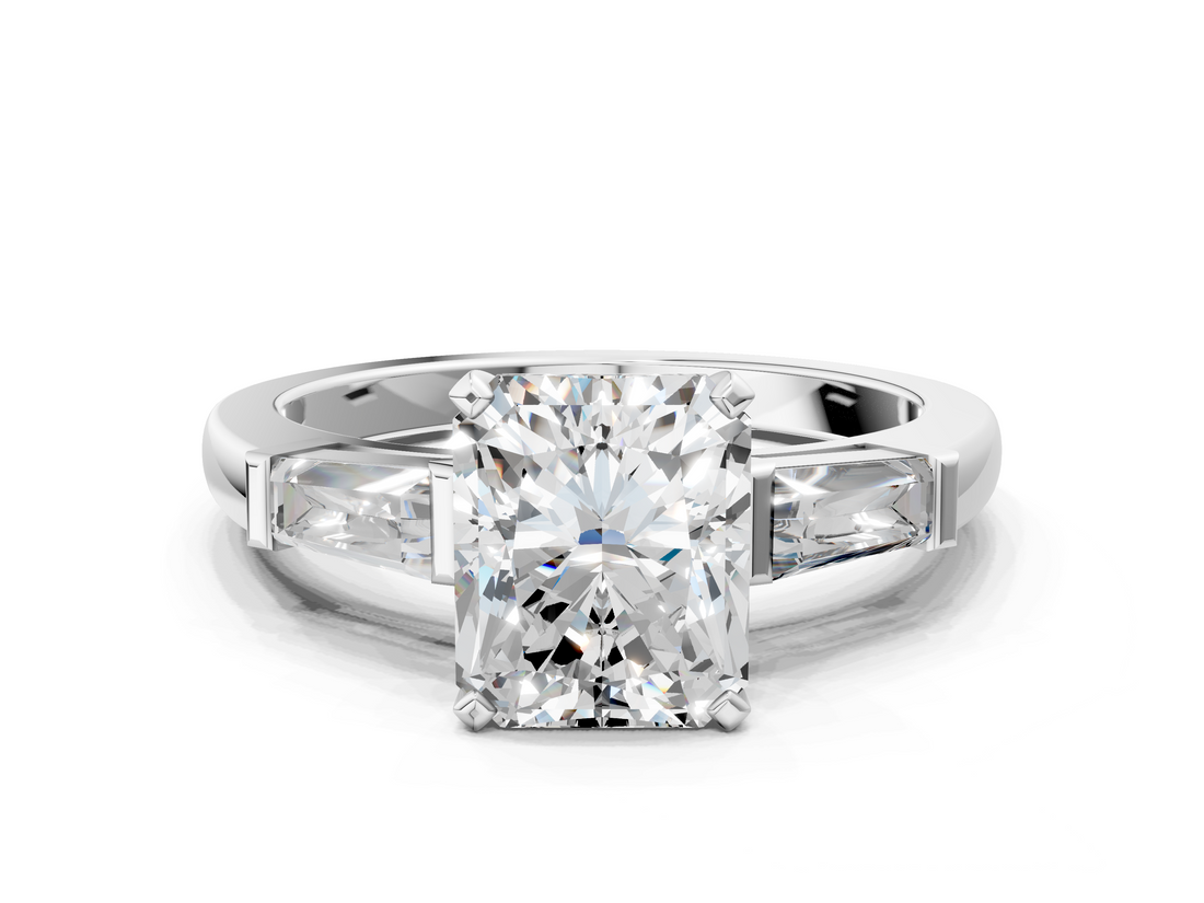 White gold Radiant Solitaire with Tapered Baguette Side Stones on a Classic Band with Four-Prong Setting_168