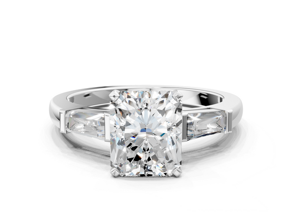 White Gold Radiant Cut Three Stone Engagement Ring Setting with Tapered Baguette Side Stones