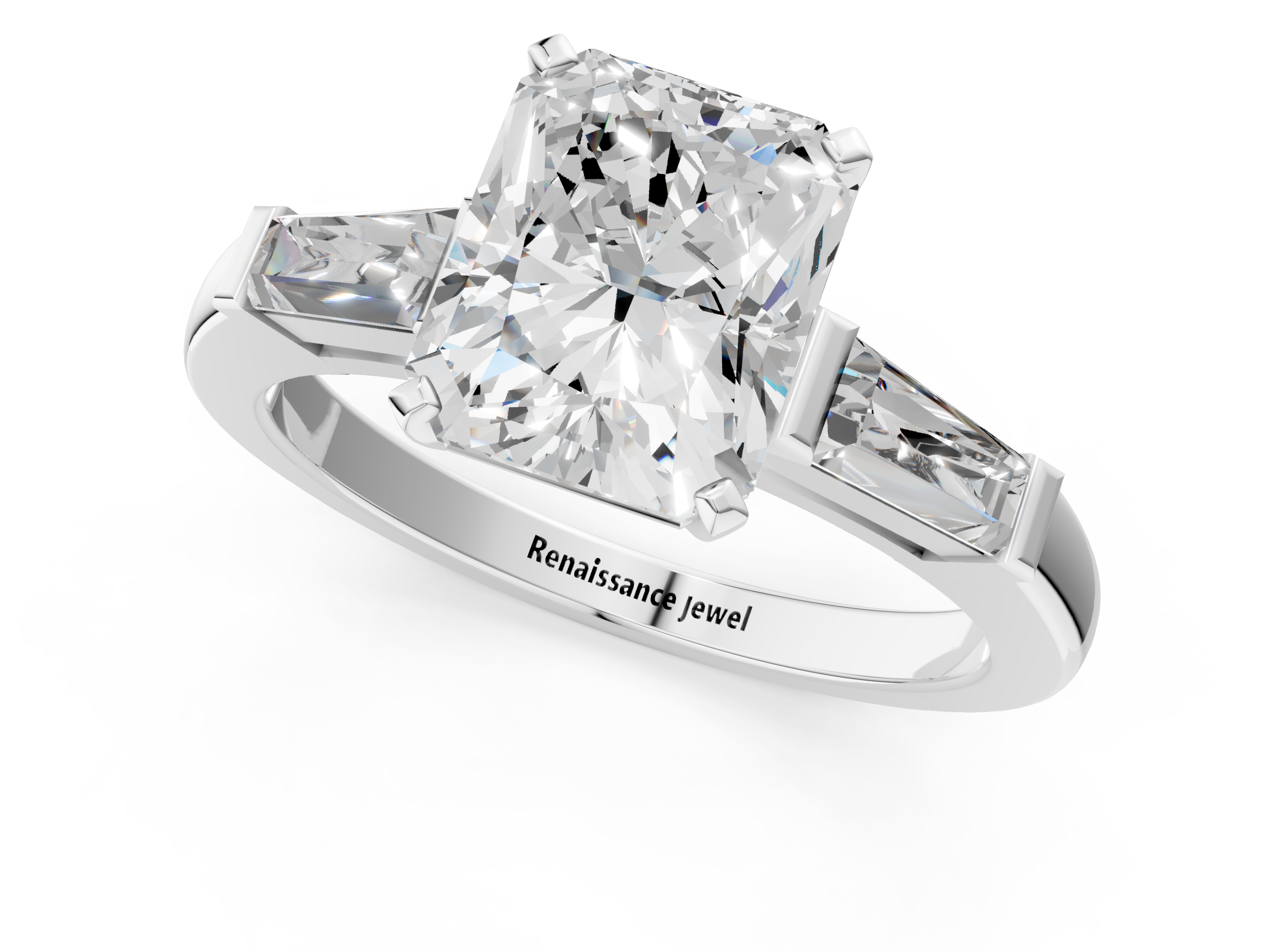 White gold Radiant Solitaire with Tapered Baguette Side Stones on a Classic Band with Four-Prong Setting_169