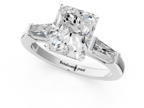 White gold Radiant Solitaire with Tapered Baguette Side Stones on a Classic Band with Four-Prong Setting_169