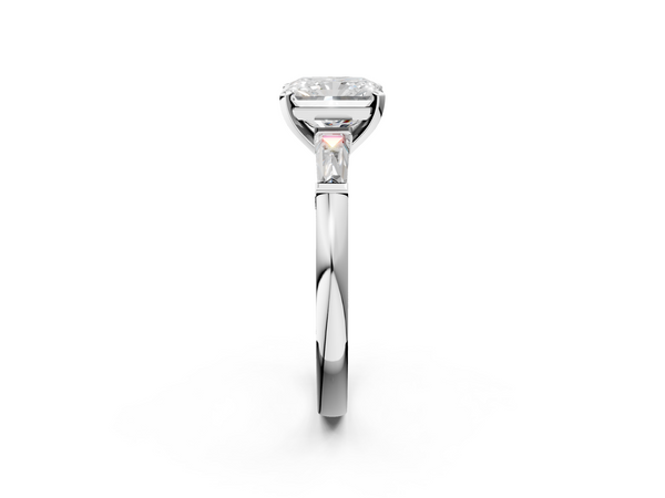 White Gold Radiant Cut Three Stone Engagement Ring Setting with Tapered Baguette Side Stones