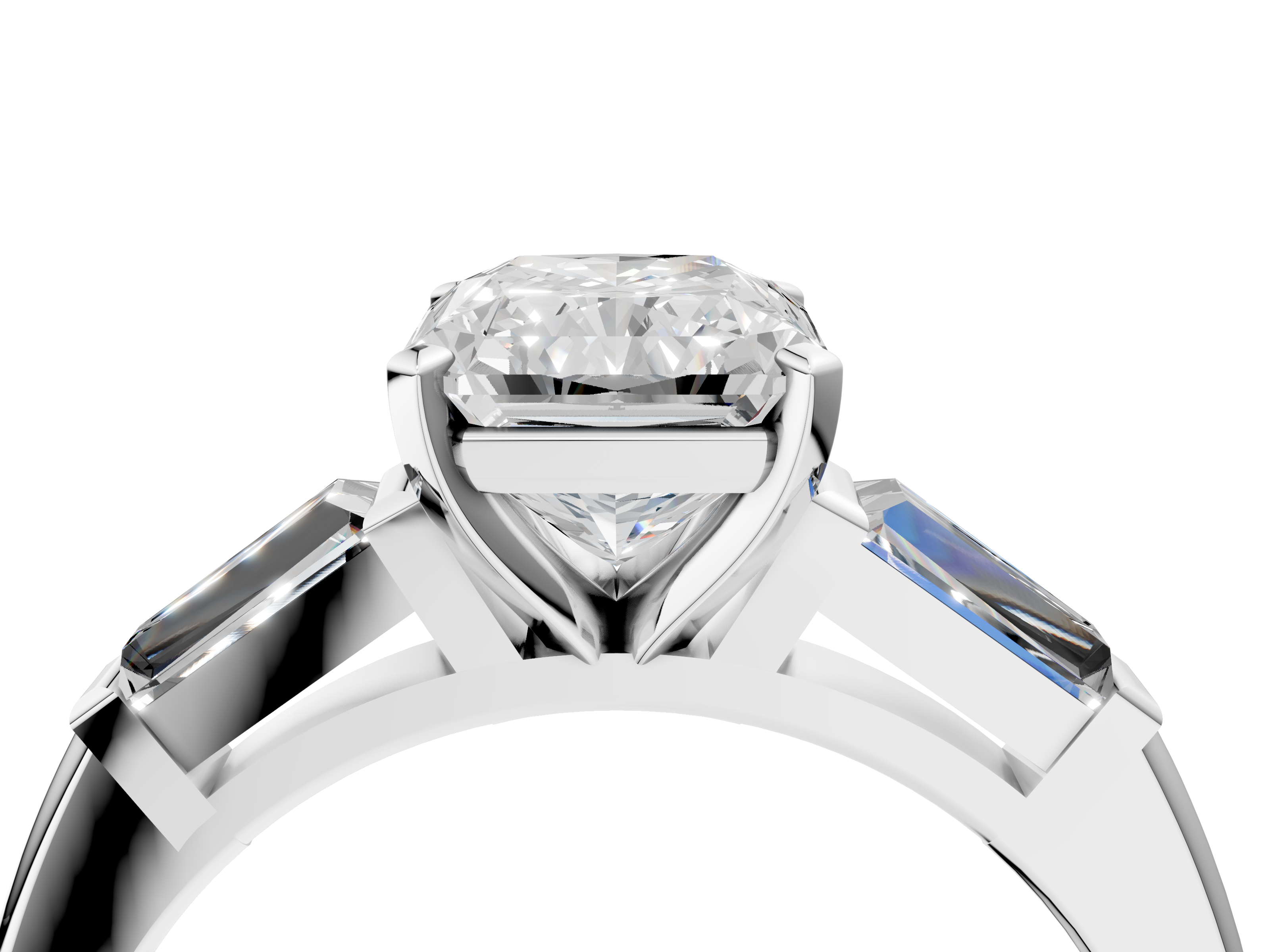 White gold Radiant Solitaire with Tapered Baguette Side Stones on a Classic Band with Four-Prong Setting_172