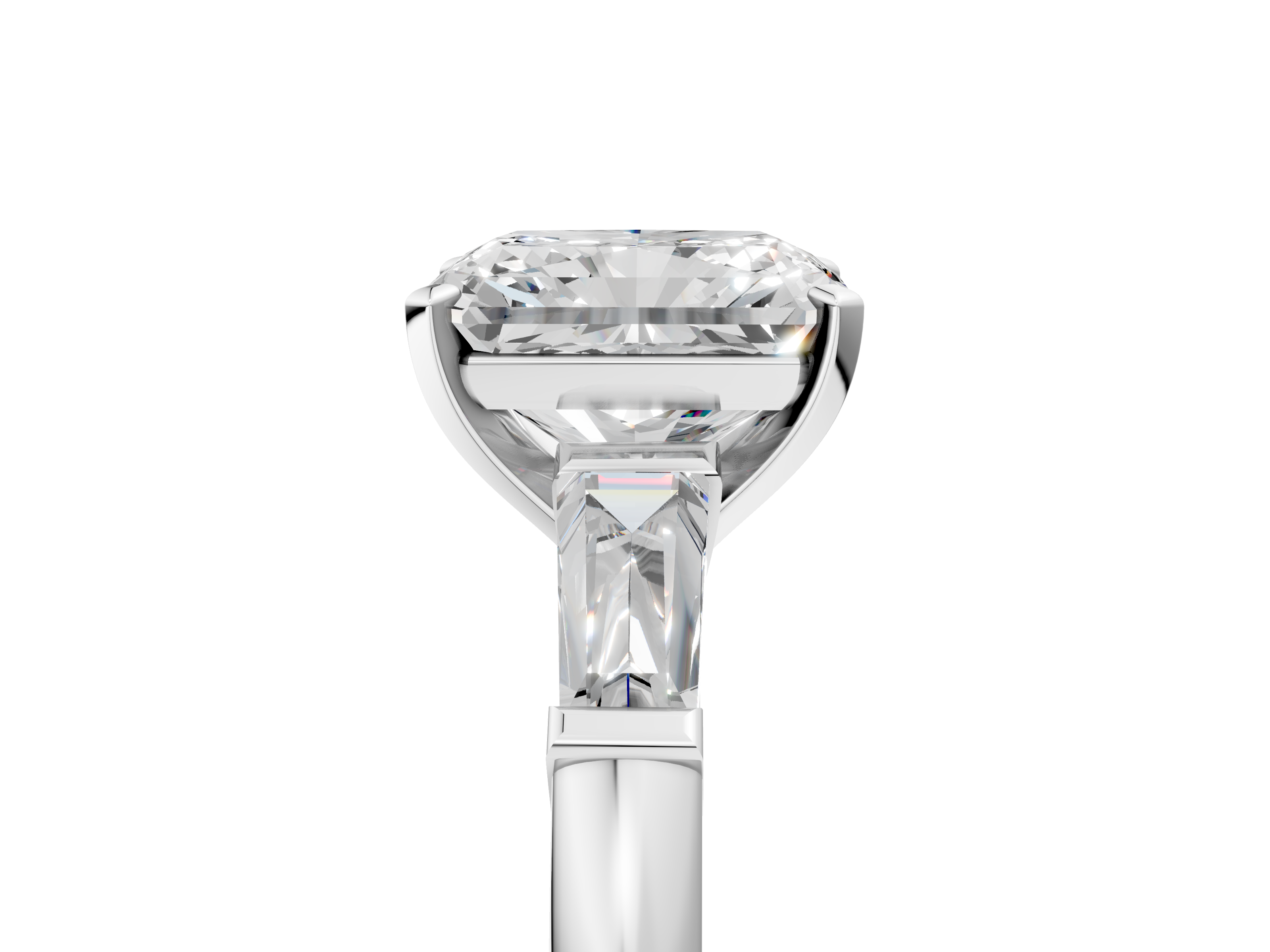 White gold Radiant Solitaire with Tapered Baguette Side Stones on a Classic Band with Four-Prong Setting_173
