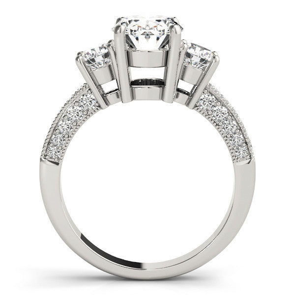 White gold Radiant Three-Stone Diamond Ring with Pavé Band and Four-Prong Setting
