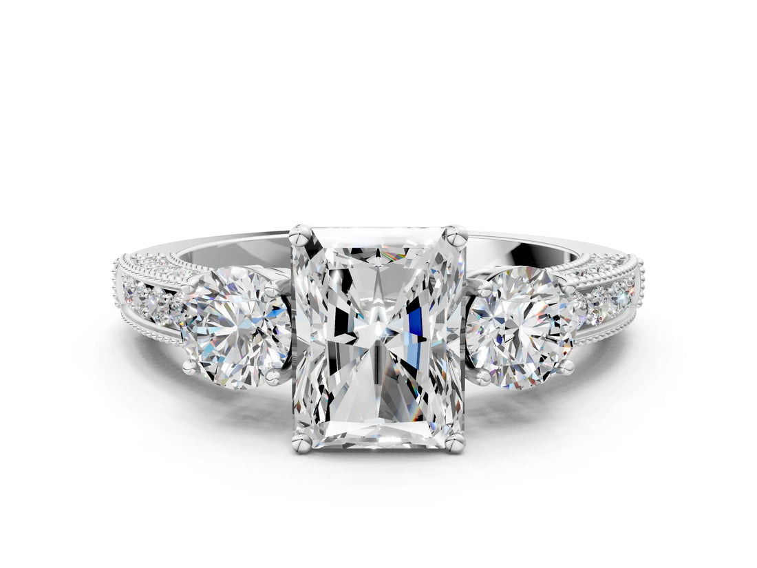 White gold Radiant Three-Stone Diamond Ring with Pavé Band and Four-Prong Setting_6