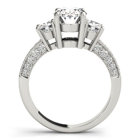 White gold Radiant Three-Stone Diamond Ring with Pavé Band and Four-Prong Setting