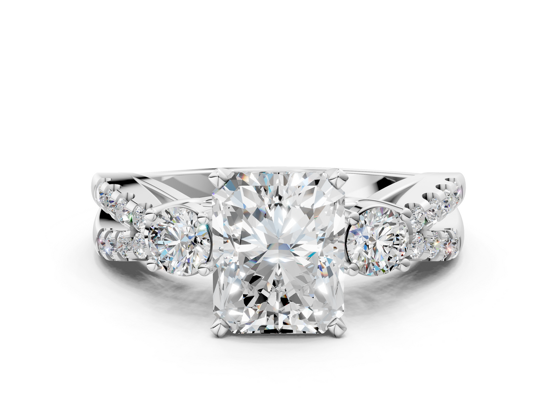 White gold Radiant Three-Stone Diamond Ring with Pavé Split Shank and Four-Prong Setting_136