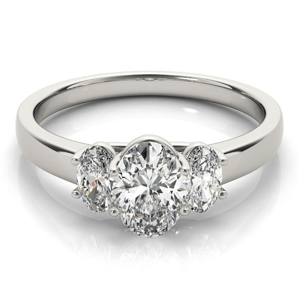 White gold Oval Three-Stone Diamond Ring with Prong Setting on a Classic Band