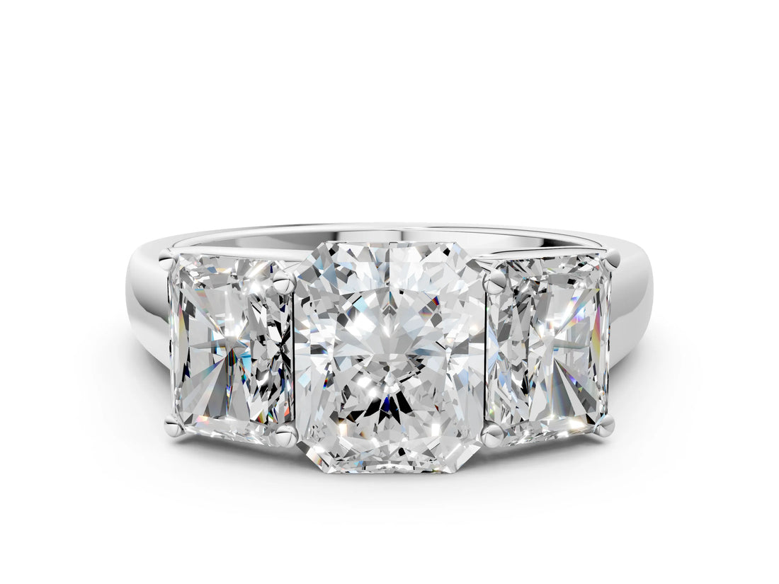 White gold Radiant Three-Stone Diamond Ring with Prong Setting on a Classic Band_15