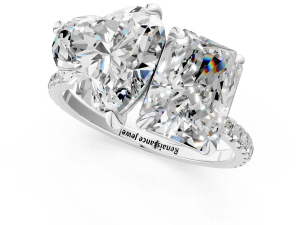 White gold Radiant and Heart Toi Moi Ring with Prong Setting and Pave Band