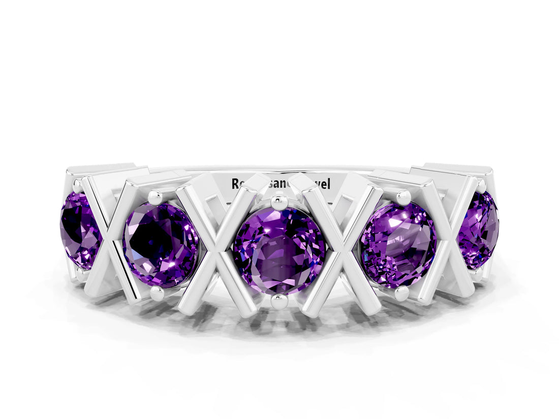 White gold Round Amethyst Channel Set Band with X-Prong Detail_6