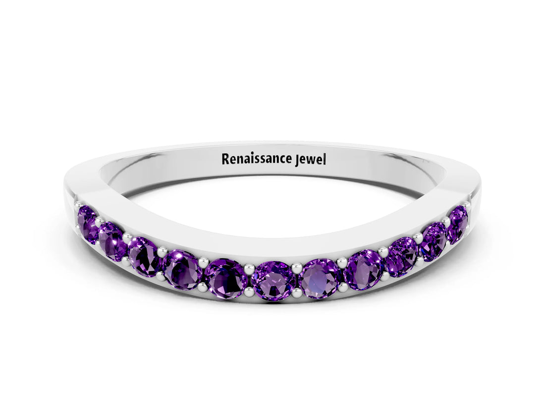 White gold Round Amethyst Curved Wedding Band with Channel Setting_6