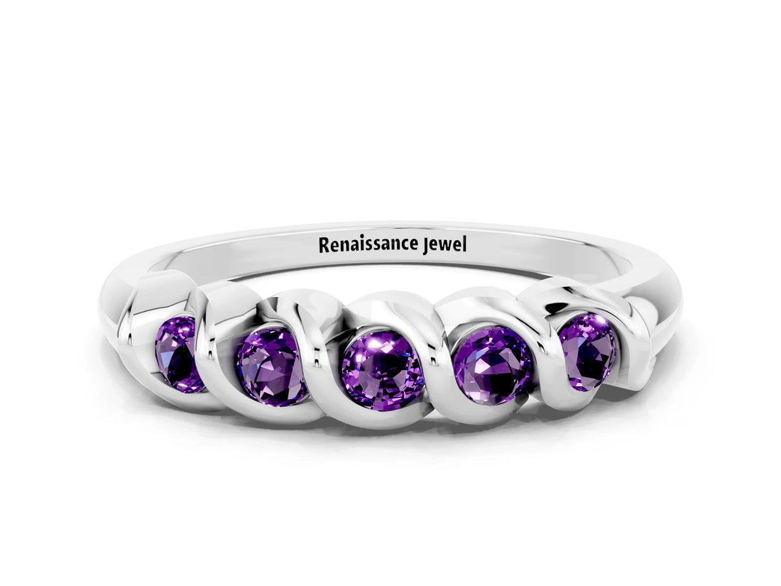 White gold Round Amethyst Eternity Band with Twist Prong Setting_12
