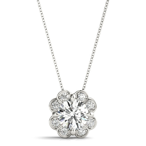 Silver Round Amethyst Flower Halo Pendant with Four-Prong Setting