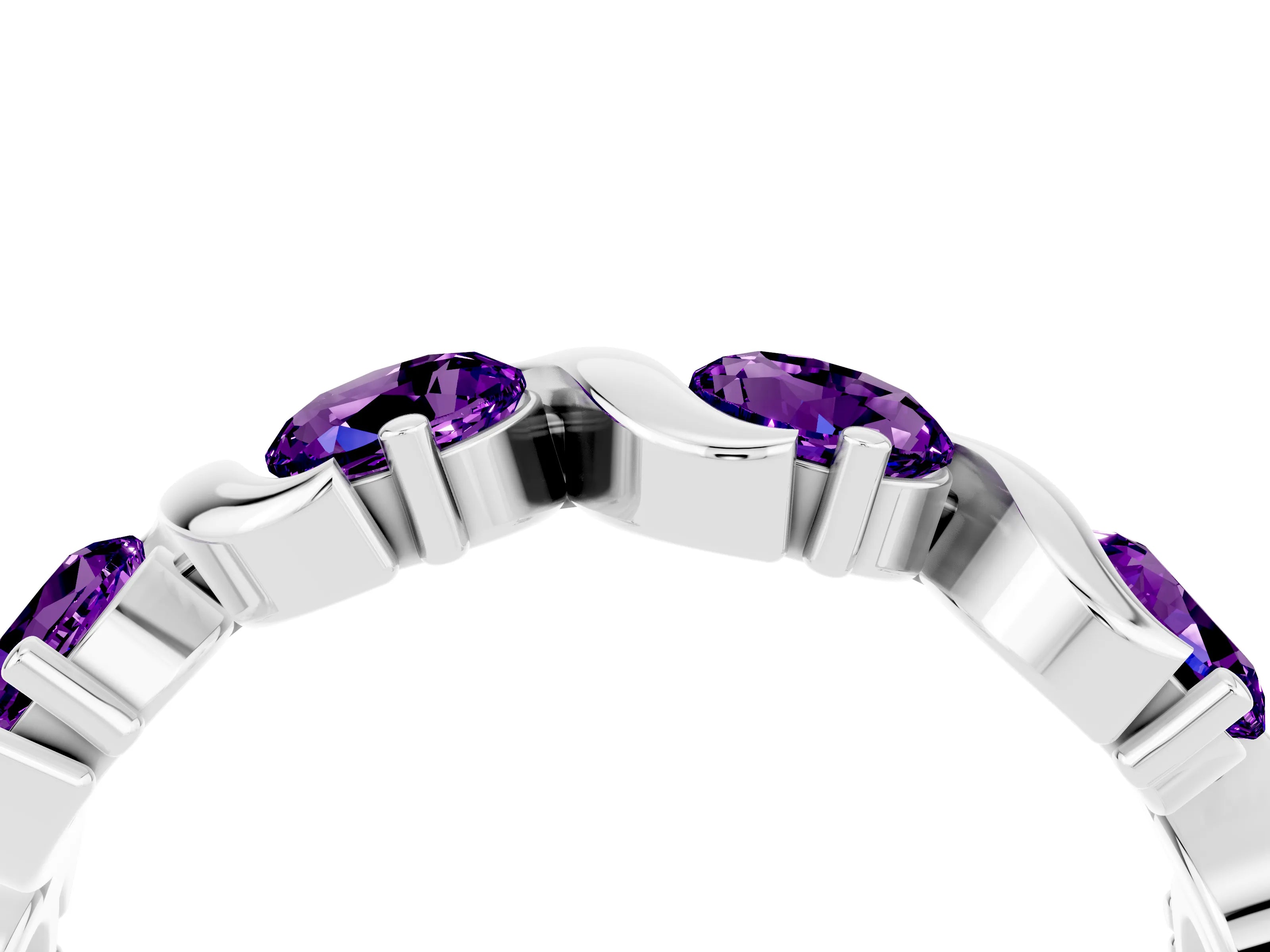 White gold Round Amethyst Half Eternity Band with Wave Prong Setting_10