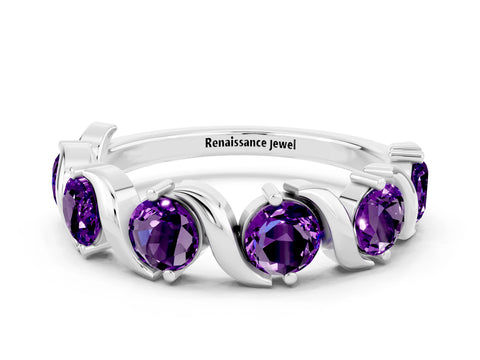 White gold Round Amethyst Half Eternity Band with Wave Prong Setting_6