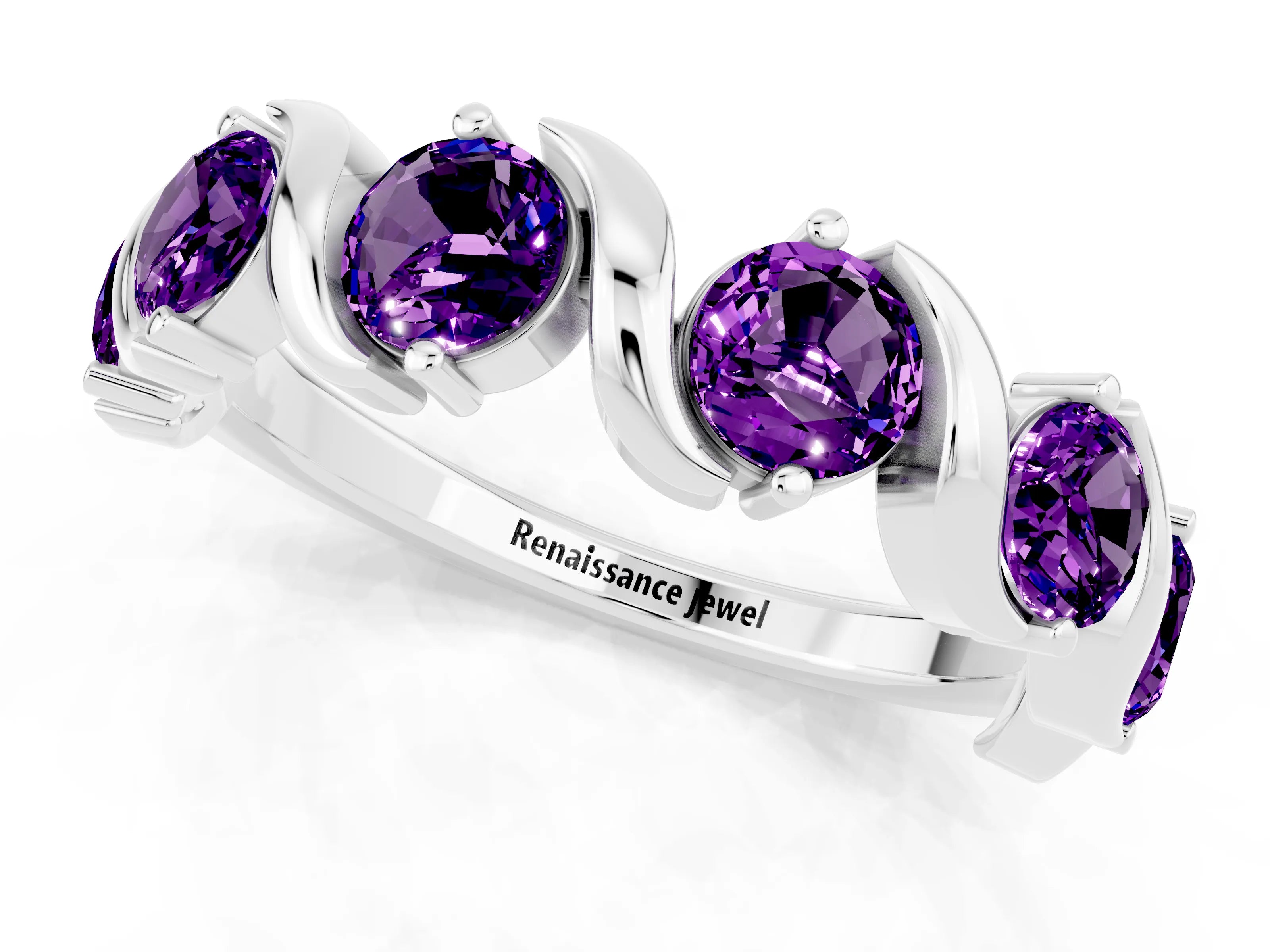 White gold Round Amethyst Half Eternity Band with Wave Prong Setting_7