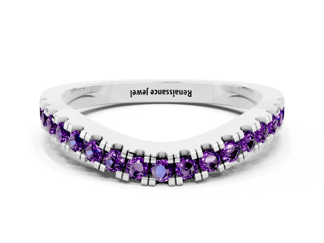 White gold Round Amethyst Pavé Curved Band with Shared Prong Setting_6