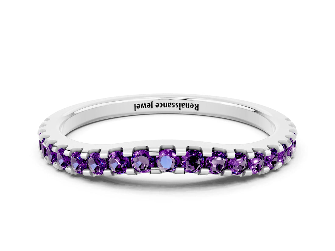 White gold Round Amethyst Pavé Set Curved Wedding Band_10