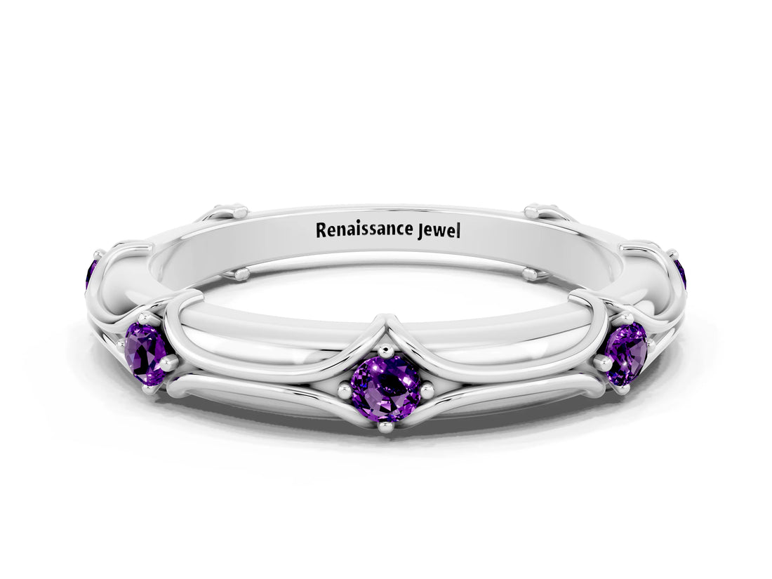 White gold Round Amethyst Prong Set Milgrain Eternity Band_18