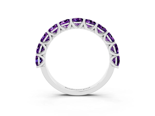 Sterling Silver Round Amethyst Half Eternity Band with Open U Shared Prongs