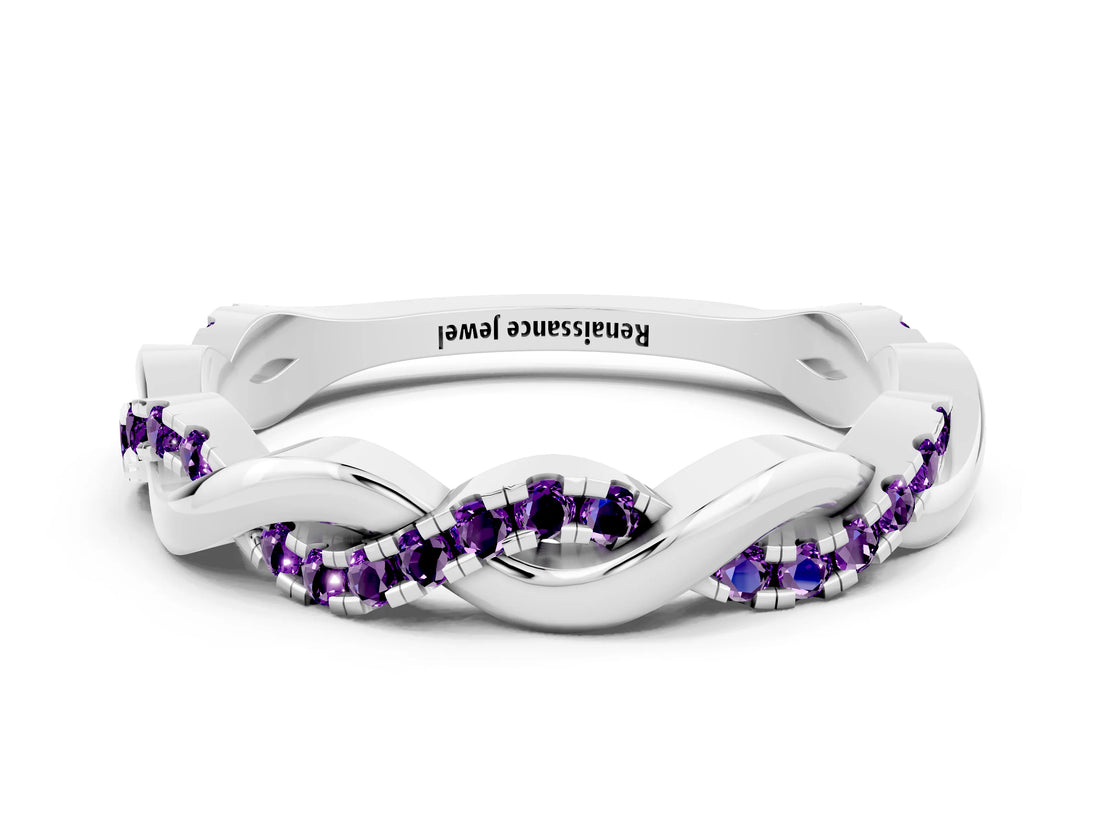 White gold Round Amethyst Twist Eternity Band with Pavé Setting_6