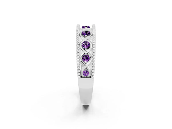 White Gold Round Amethyst Vintage Twist Wedding Band with Milgrain Rails