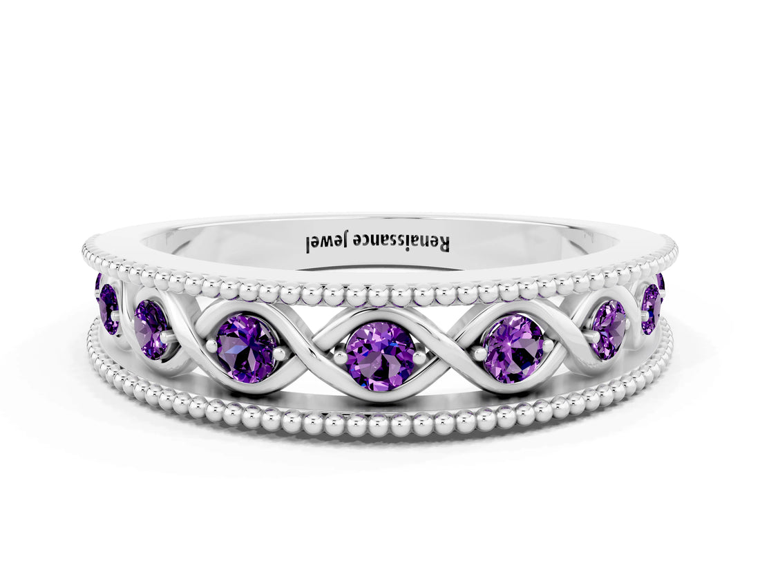 White gold Round Amethyst Twist Milgrain Band with Bezel Setting