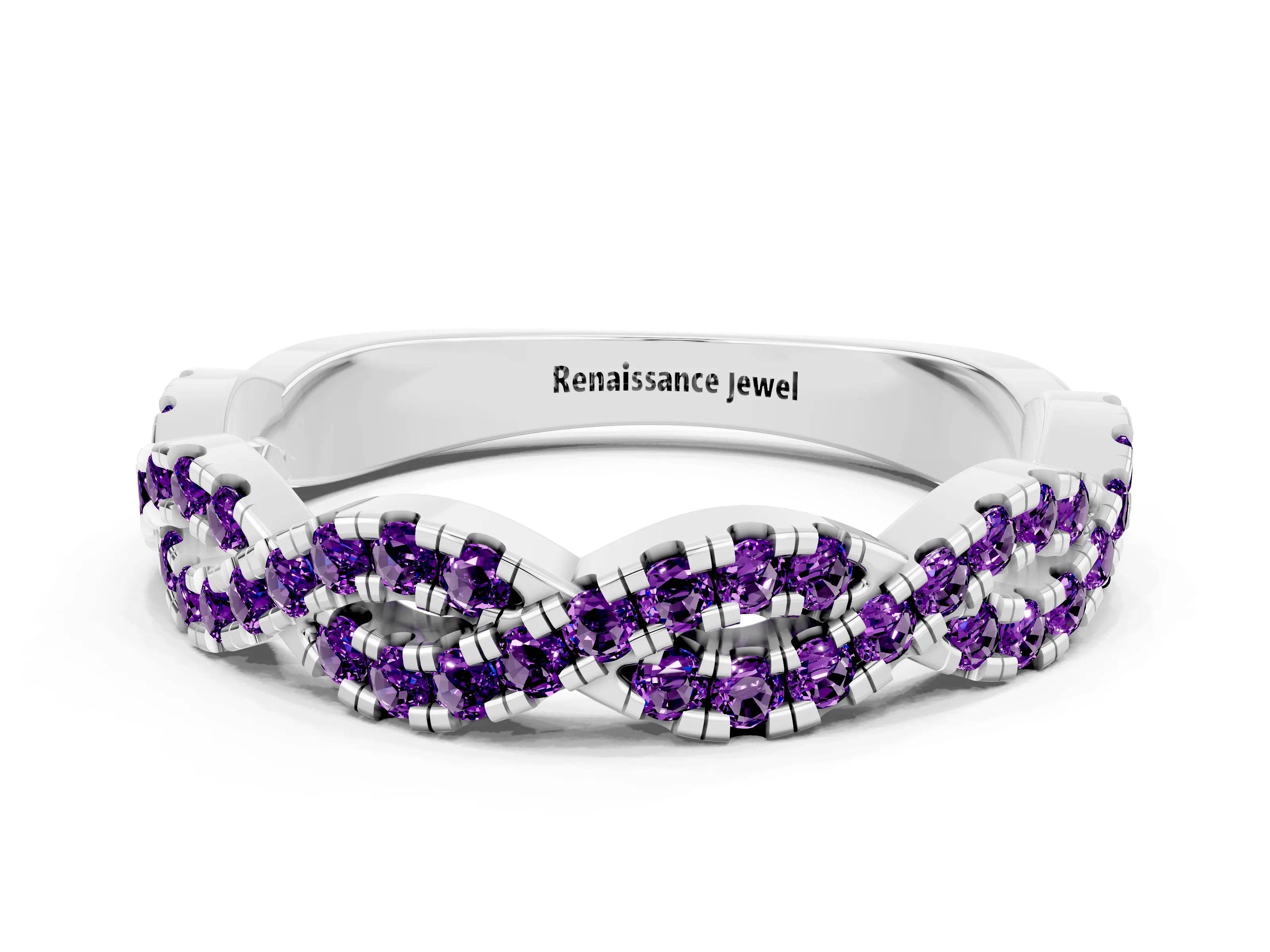 White gold Round Amethyst Twisted Eternity Band with Pavé and Shared Prong Setting_6