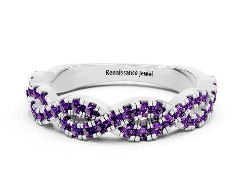 White gold Round Amethyst Twisted Eternity Band with Pavé and Shared Prong Setting_6