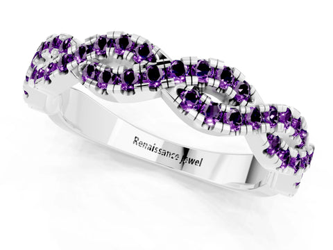 White gold Round Amethyst Twisted Eternity Band with Pavé and Shared Prong Setting_7