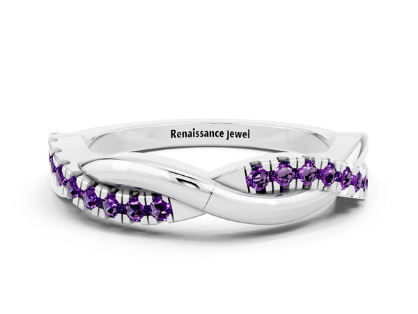 Platinum Round Amethyst Half Eternity Infinity Twist Wedding Band