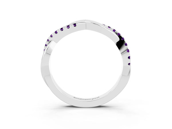 Platinum Round Amethyst Half Eternity Infinity Twist Wedding Band