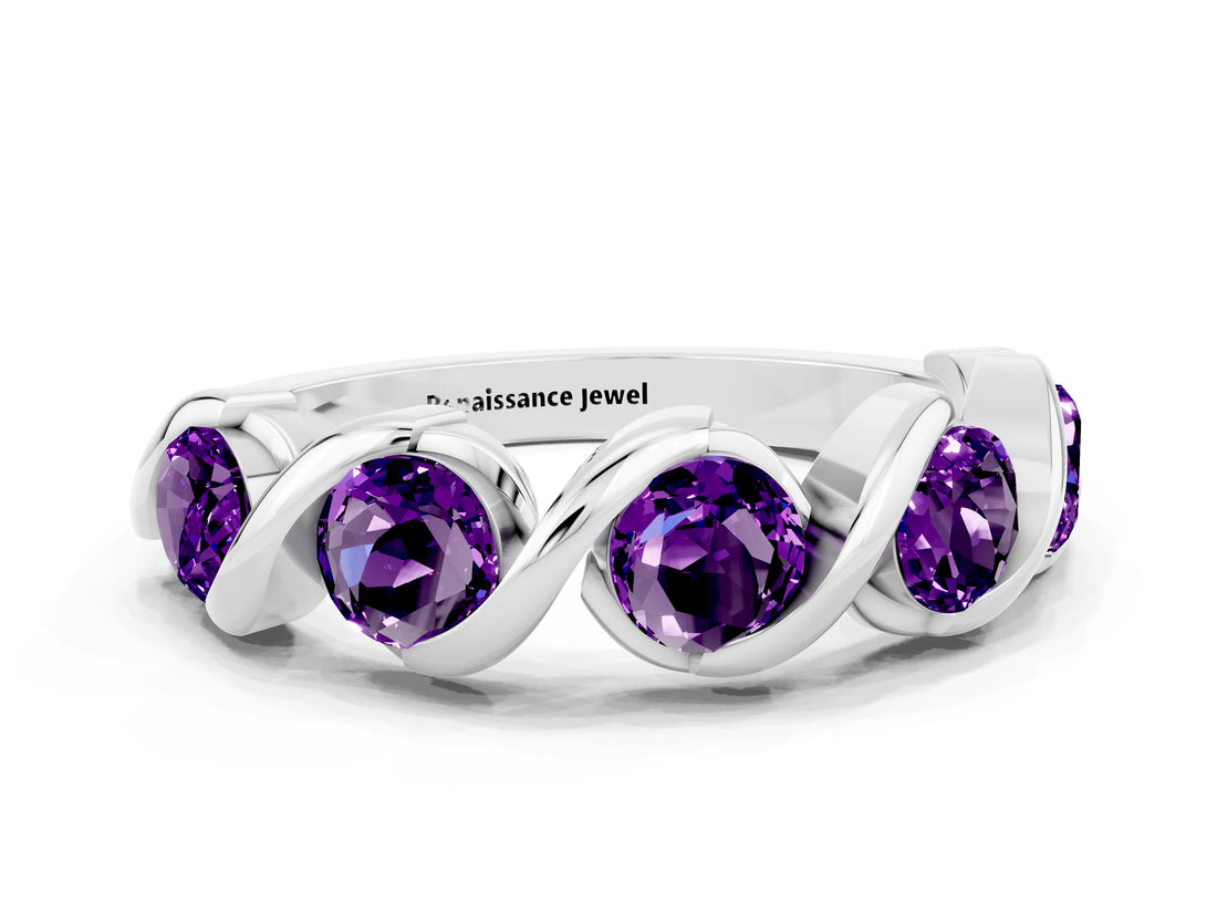 White gold Round Amethyst Wave Band with Channel Setting and Shared Prongs_6