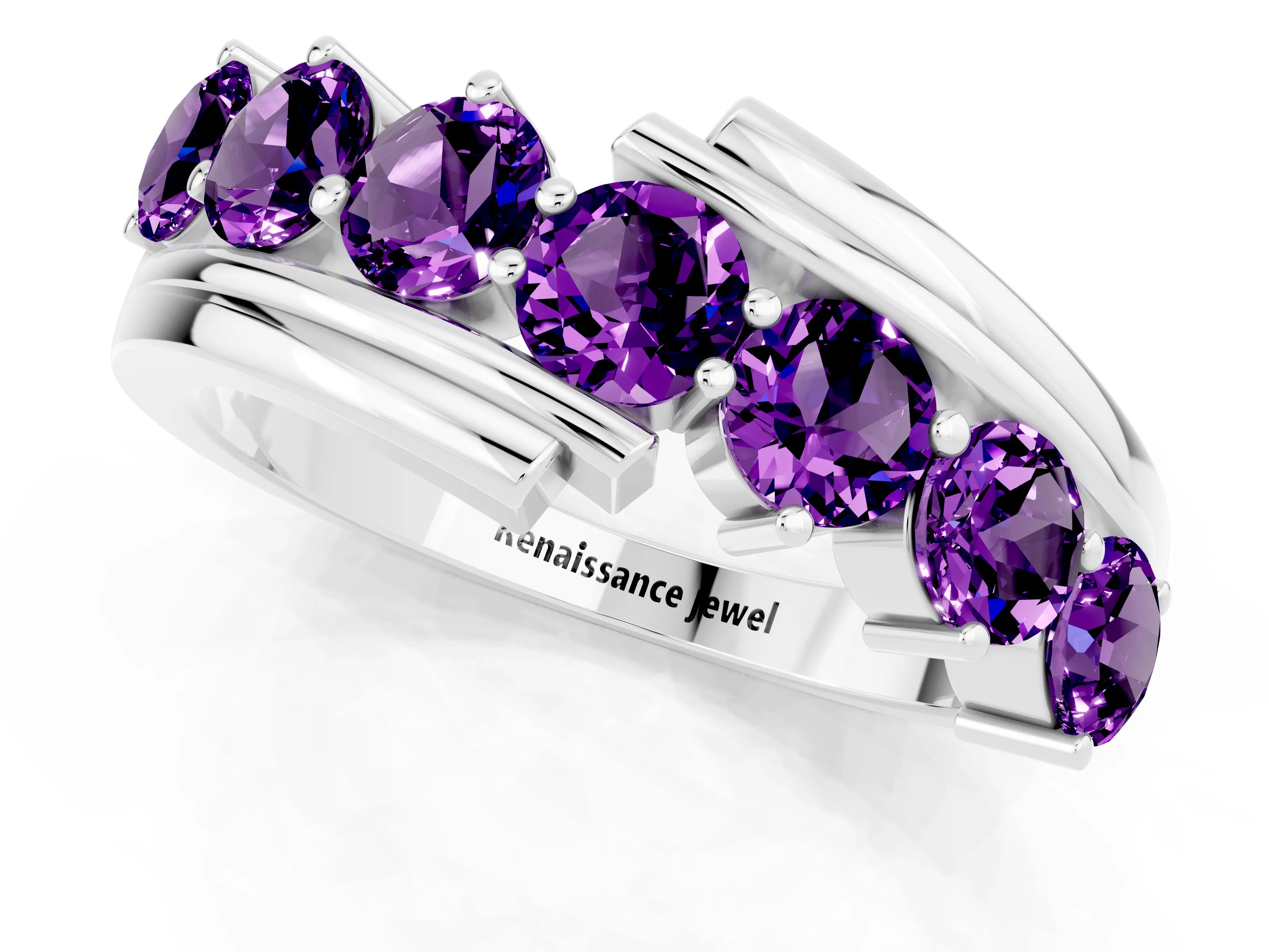 White gold Round Amethyst Wave Band with Channel and Shared Prong Setting_19