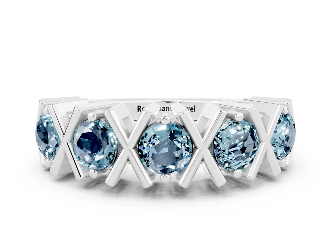 White gold Round Aquamarine Channel Set Band with X-Prong Detail_6