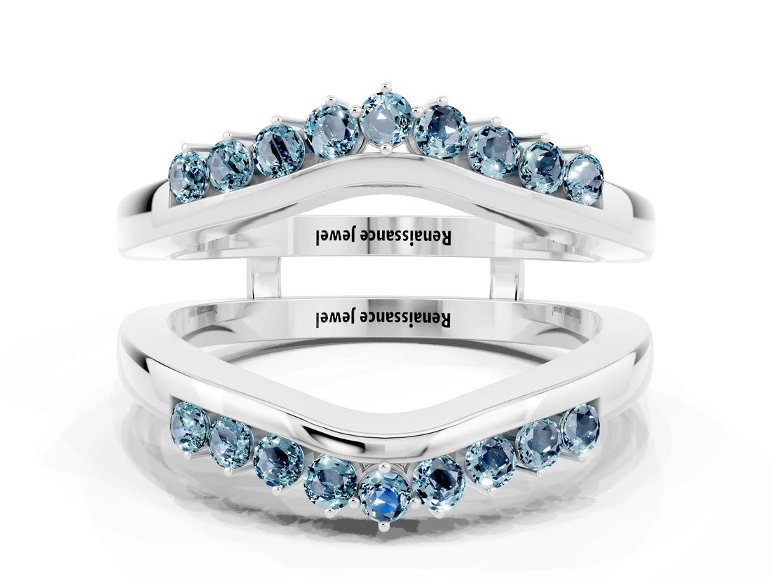 White gold Round Aquamarine Chevron Contour Band with Prong Setting_6
