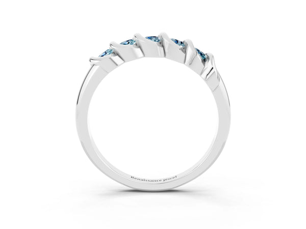 Silver Round Aquamarine Eternity Band with Twist Prong Setting