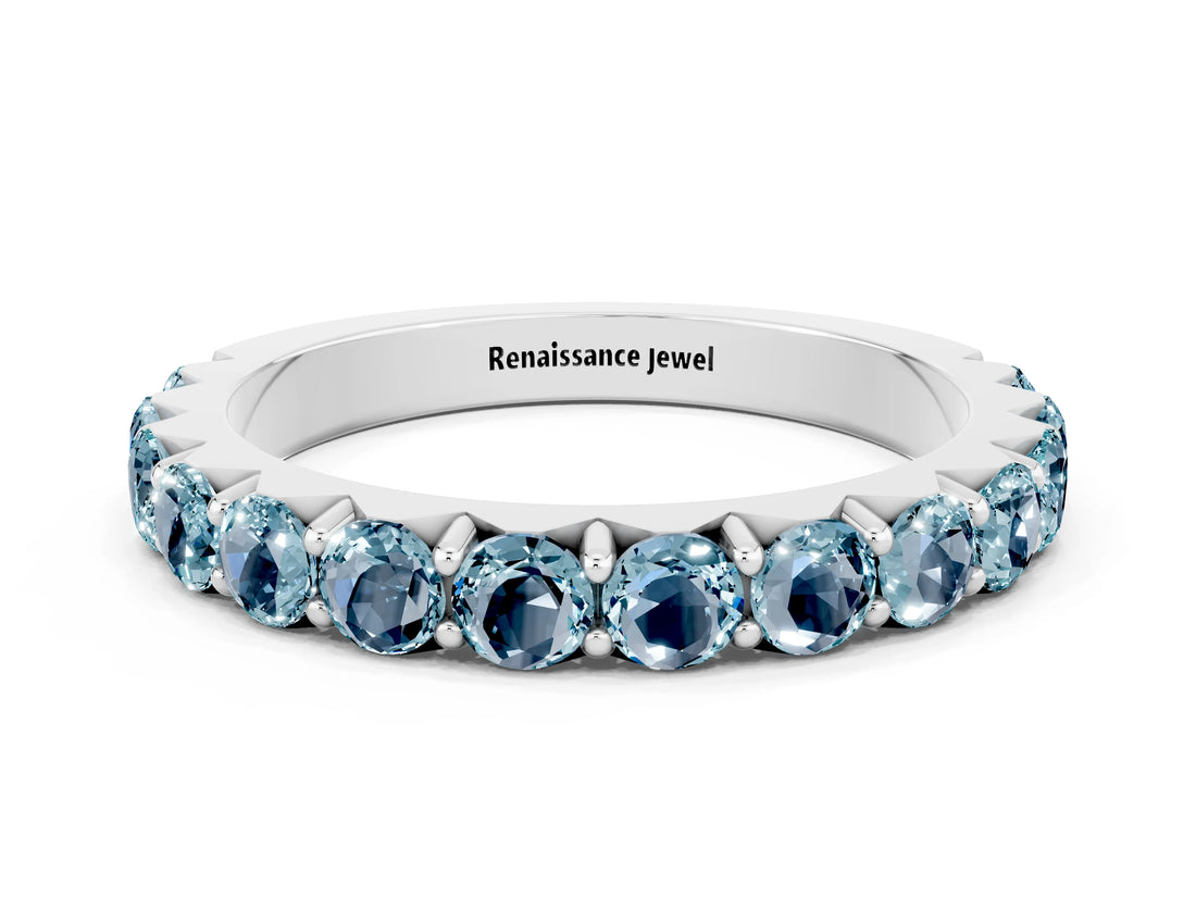 White gold Round Aquamarine Half Eternity Band with Classic Prong Setting_6