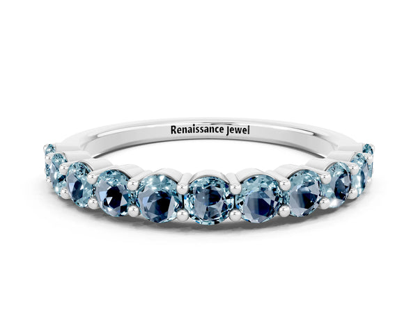 White Gold Round Aquamarine Half Eternity Wedding Band with Prong Setting