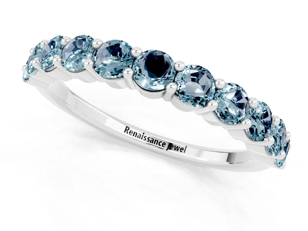 White Gold Round Aquamarine Half Eternity Wedding Band with Prong Setting
